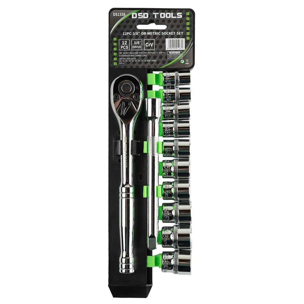 12 VNT. 3/8″ KVADRATO METRINIŲ GALVUČIŲ RINKINYS SU TERKŠLE (10–19 mm) DS1338