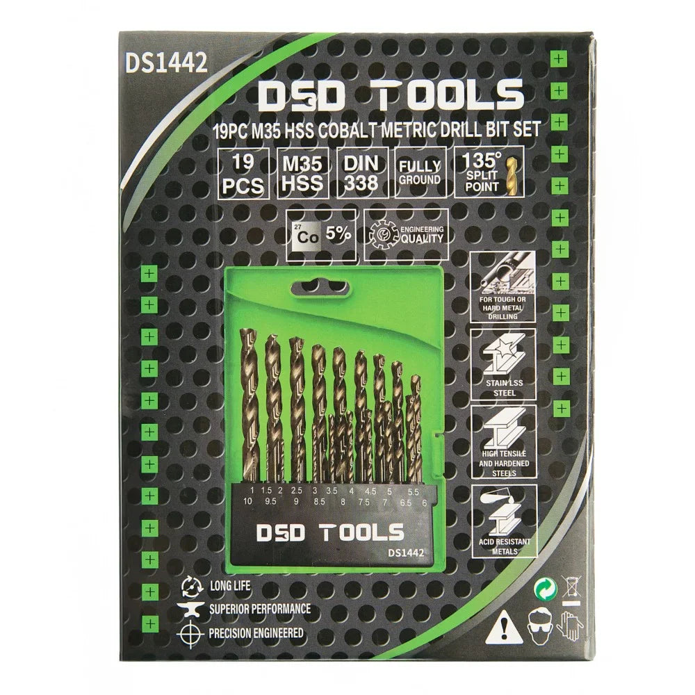 19 VNT. HSS KOBALTO METRINIŲ GRĄŽTŲ RINKINYS 1 - 10 mm DS1442