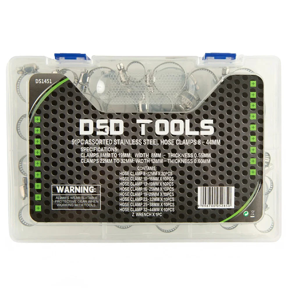 91 VNT. ĮVAIRIŲ NERŪDIJANČIO PLIENO ŽARNŲ SPASTUVŲ RINKINYS 8 – 44 mm DS1451