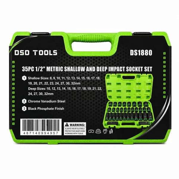 35 dalių 1/2″ pavaros 6 briaunų metrinių trumpų ir ilgų smūginių galvučių rinkinys DS1880