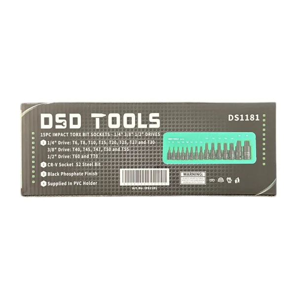 15 DALIŲ SMŪGINIŲ TORX ANTGALIŲ GALVUČIŲ RINKINYS – 1/4 3/8 1/2 PAVAROMS DS1181