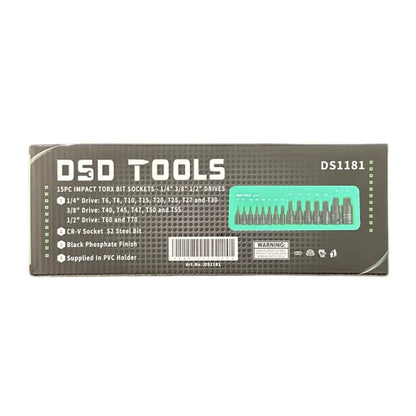 15 DALIŲ SMŪGINIŲ TORX ANTGALIŲ GALVUČIŲ RINKINYS – 1/4 3/8 1/2 PAVAROMS DS1181