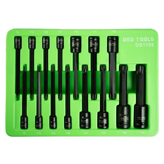 ILGI SMŪGINIAI "TORX®"   ANTGALIAI-GALVUTĖS 1/4" 3/8" 1/2" PAVAROMS , 15VNT. DS1188