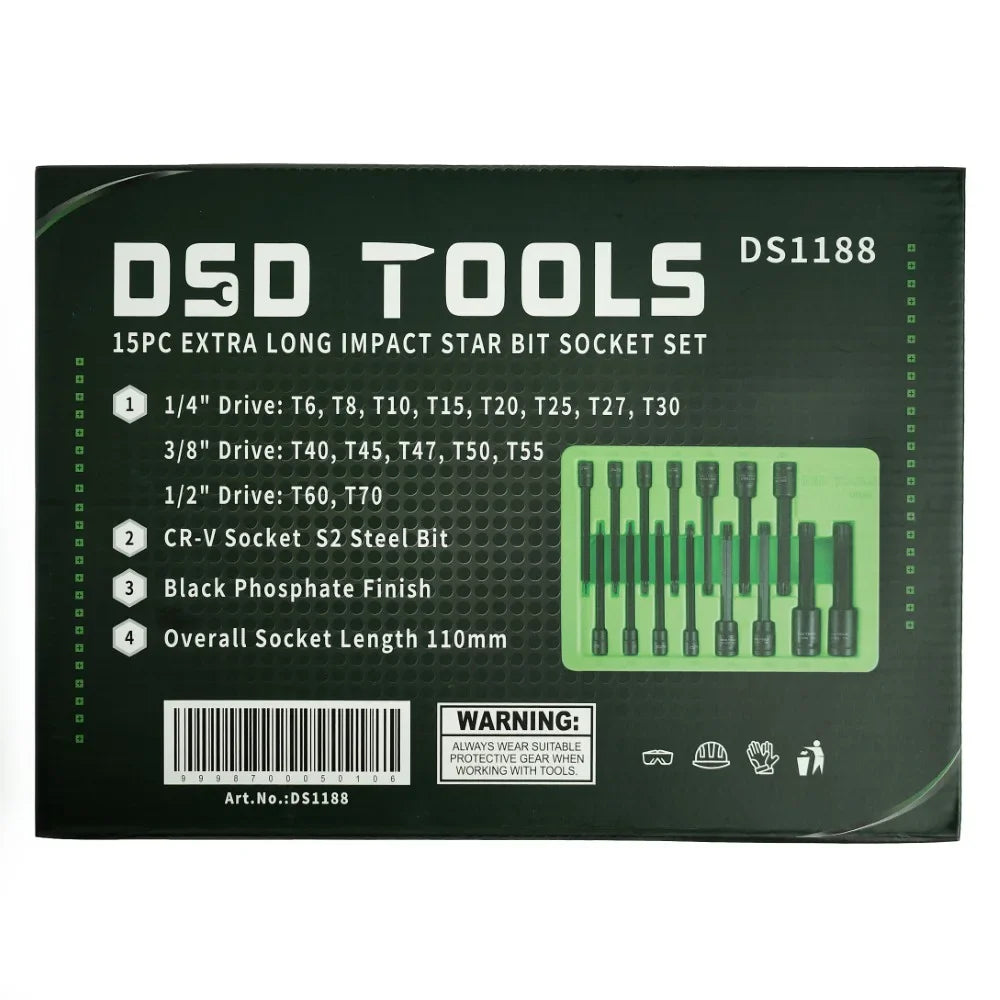 ILGI SMŪGINIAI "TORX®"   ANTGALIAI-GALVUTĖS 1/4" 3/8" 1/2" PAVAROMS , 15VNT. DS1188
