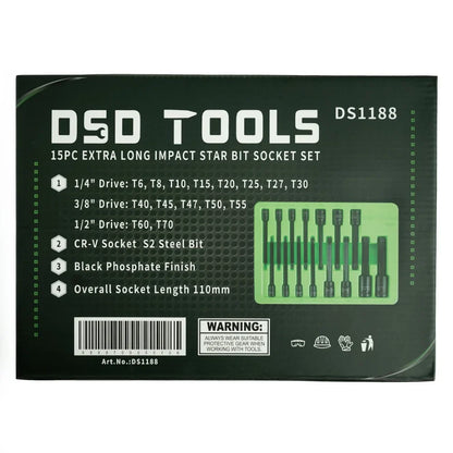 ILGI SMŪGINIAI "TORX®"   ANTGALIAI-GALVUTĖS 1/4" 3/8" 1/2" PAVAROMS , 15VNT. DS1188
