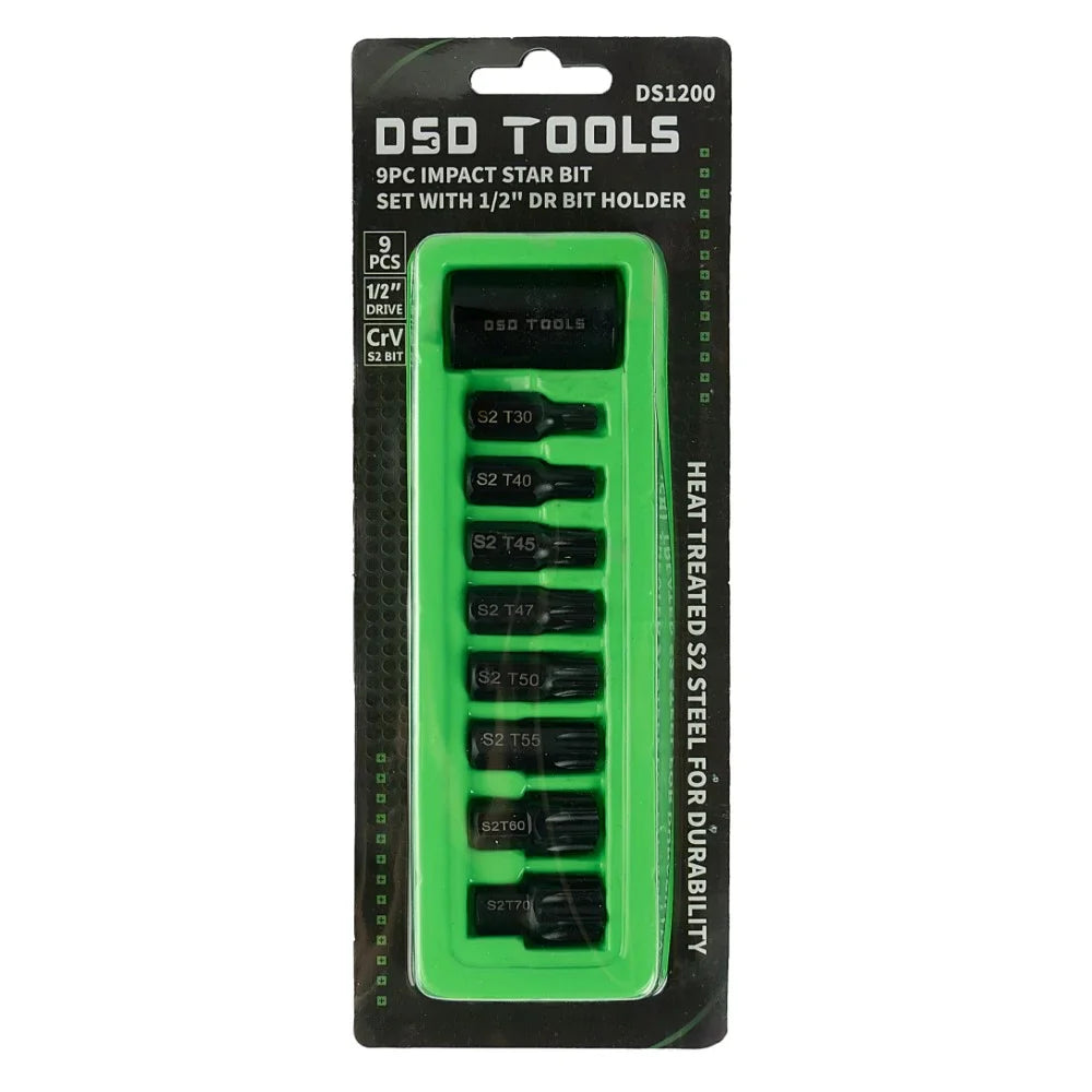 1/2"  PAVAROS SMŪGINIŲ "TORX" ŽVAIGŽDUTINIŲ ANTGALIŲ RINKINYS SU 1/2" SU LAIKIKLIU ANTGALIAMS 9 VNT. DS1200
