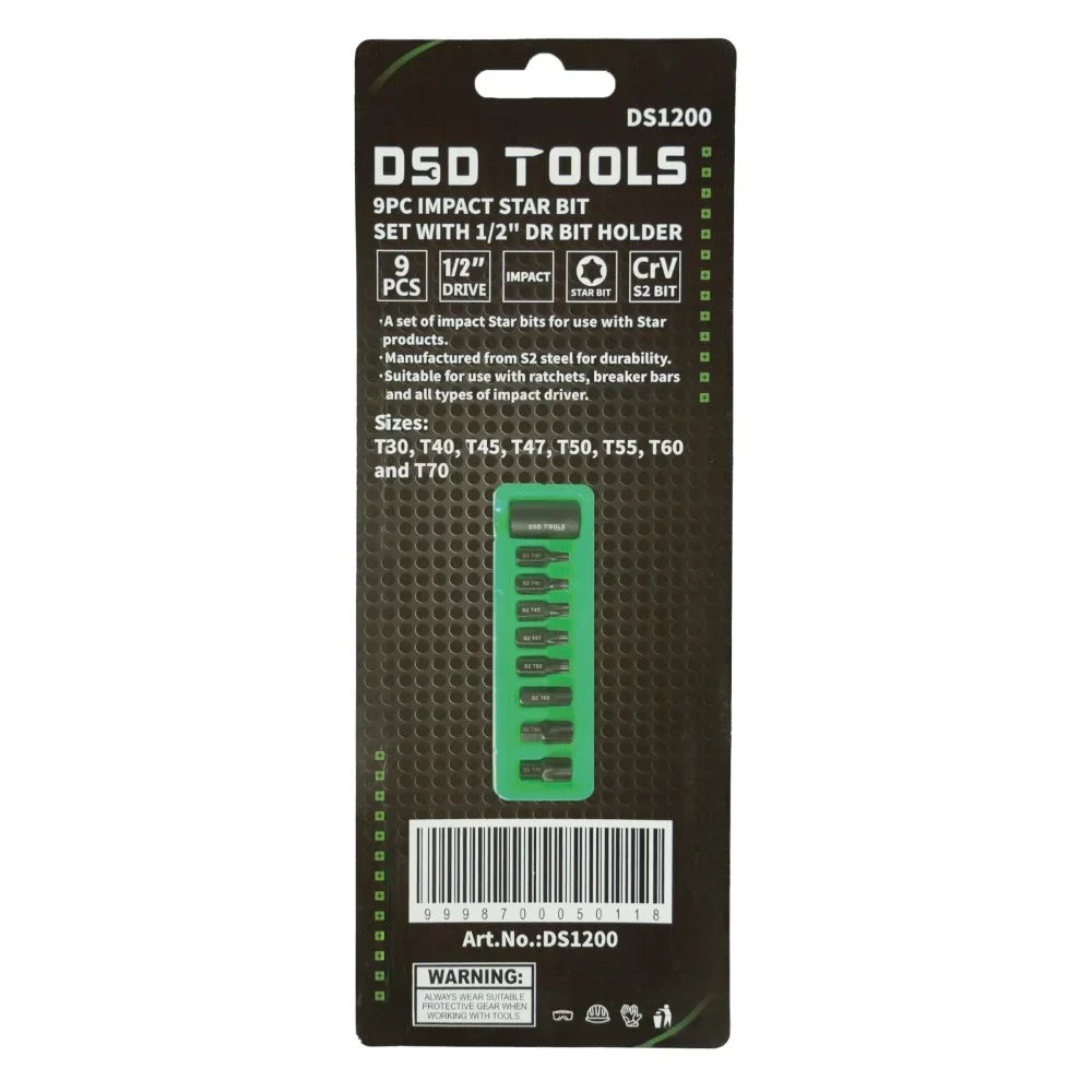 1/2"  PAVAROS SMŪGINIŲ "TORX" ŽVAIGŽDUTINIŲ ANTGALIŲ RINKINYS SU 1/2" SU LAIKIKLIU ANTGALIAMS 9 VNT. DS1200