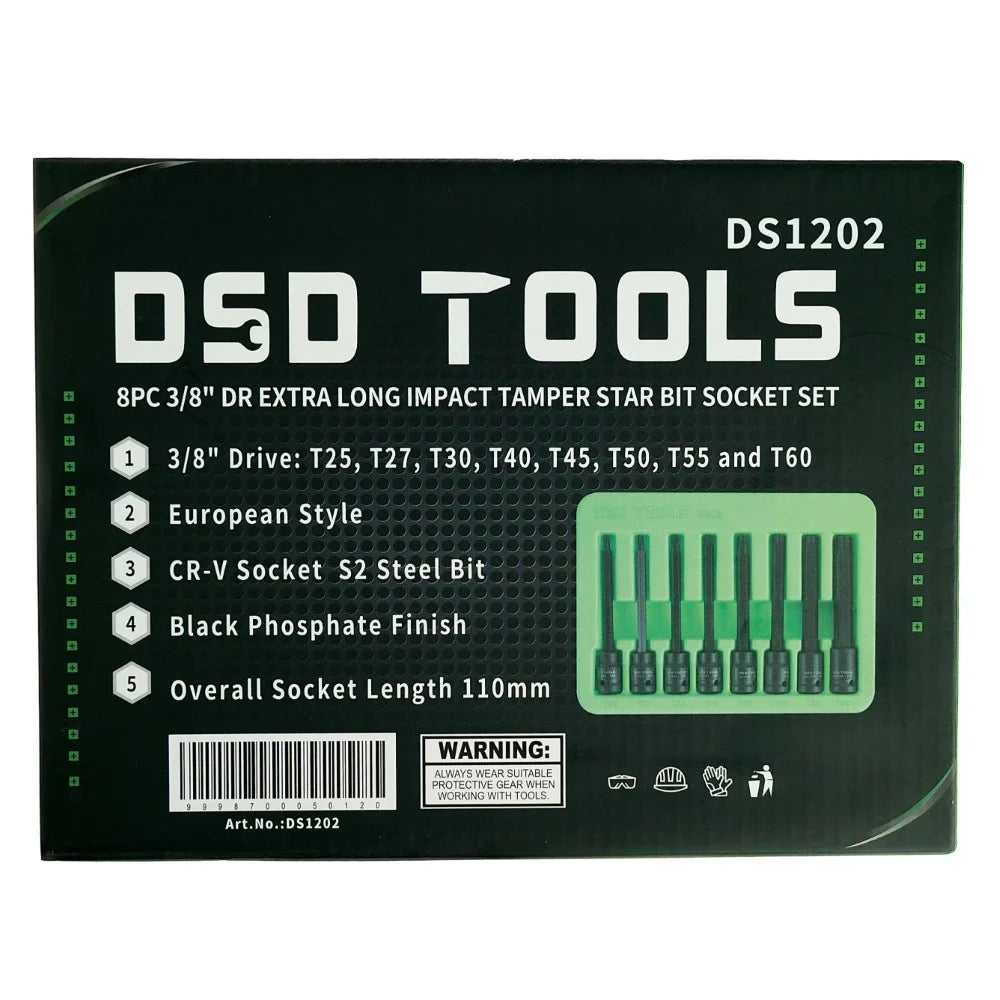 3/8" PAVAROS ITIN ILGAS SMŪGINIŲ "TORX"APSAUGINIŲ ŽVAIGŽDUTINIŲ GALVUČIŲ-ANTGALIŲ  RINKINYS, 8VNT. DS1202