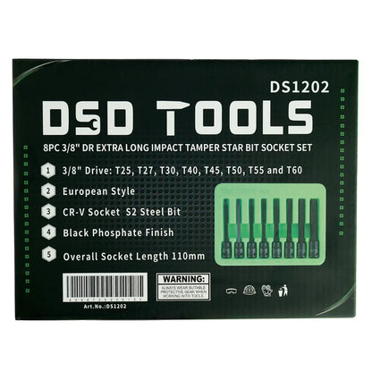 3/8" PAVAROS ITIN ILGAS SMŪGINIŲ "TORX"APSAUGINIŲ ŽVAIGŽDUTINIŲ GALVUČIŲ-ANTGALIŲ  RINKINYS, 8VNT. DS1202