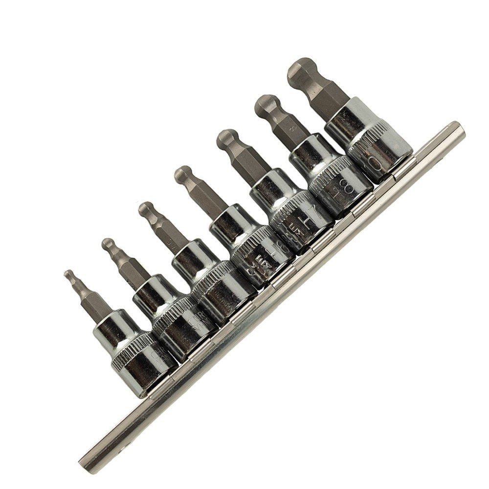3/8" PAVAROS RUTULINIO GALO ŠEŠIAKAMPIŲ "HEX" GALVUČIŲ-ANTGALIŲ RINKINYS 48 MM, ANT BEGELIO, 7 VNT.  DS1224