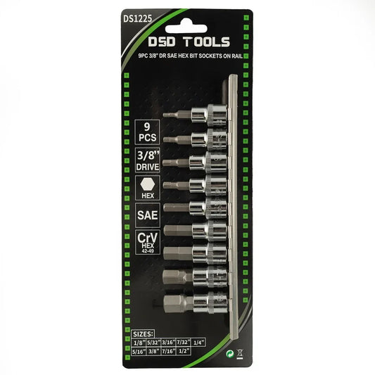 3/8" DRIVE SAE HEX BIT SOCKET SET ON RAIL, 9 PCS. DS1225