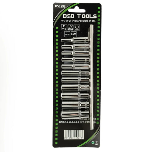 11 PCS. 1/4" 6-POINT DEEP SOCKETS ON RAIL DS1298