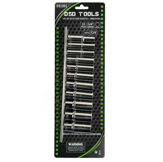 11 PCS. 3/8" 6 PT DEEP SOCKETS 8 - 19 MM ON RAIL DS1301