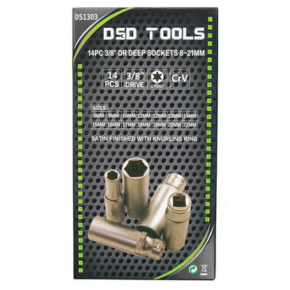 14 VNT. 3/8"  ILGOS GALVUTĖS 8-21MM, SATINO APDAILA DS1303