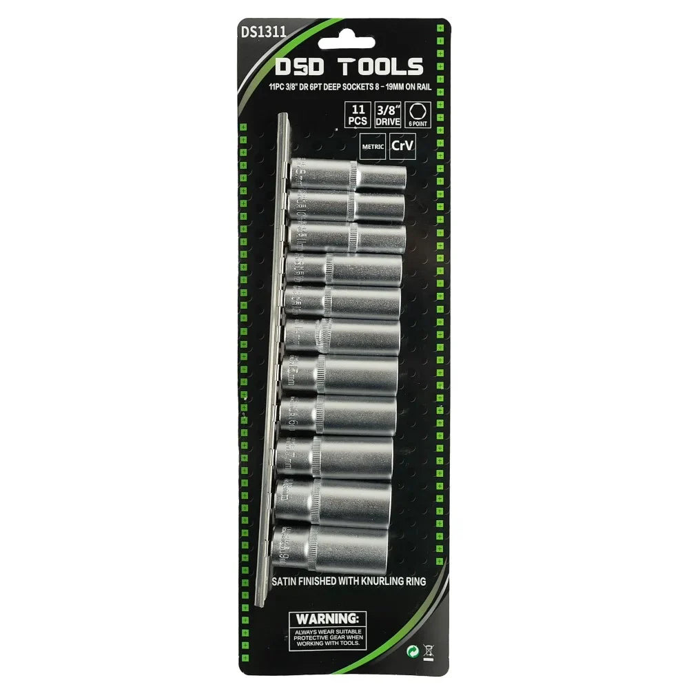 11 VNT. 3/8″  ILGŲ 6 KAMPŲ  GALVUČIŲ RINKINYS (8–19 MM) ANT LAIKIKLIO DS1311