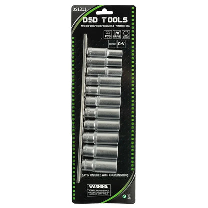 11 VNT. 3/8″  ILGŲ 6 KAMPŲ  GALVUČIŲ RINKINYS (8–19 MM) ANT LAIKIKLIO DS1311