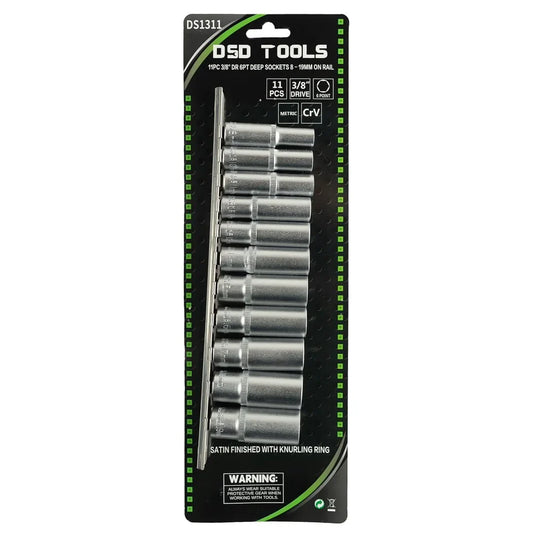 11 PC. 3/8″ LONG 6-POINT SOCKET SET (8–19 MM) ON RAIL DS1311