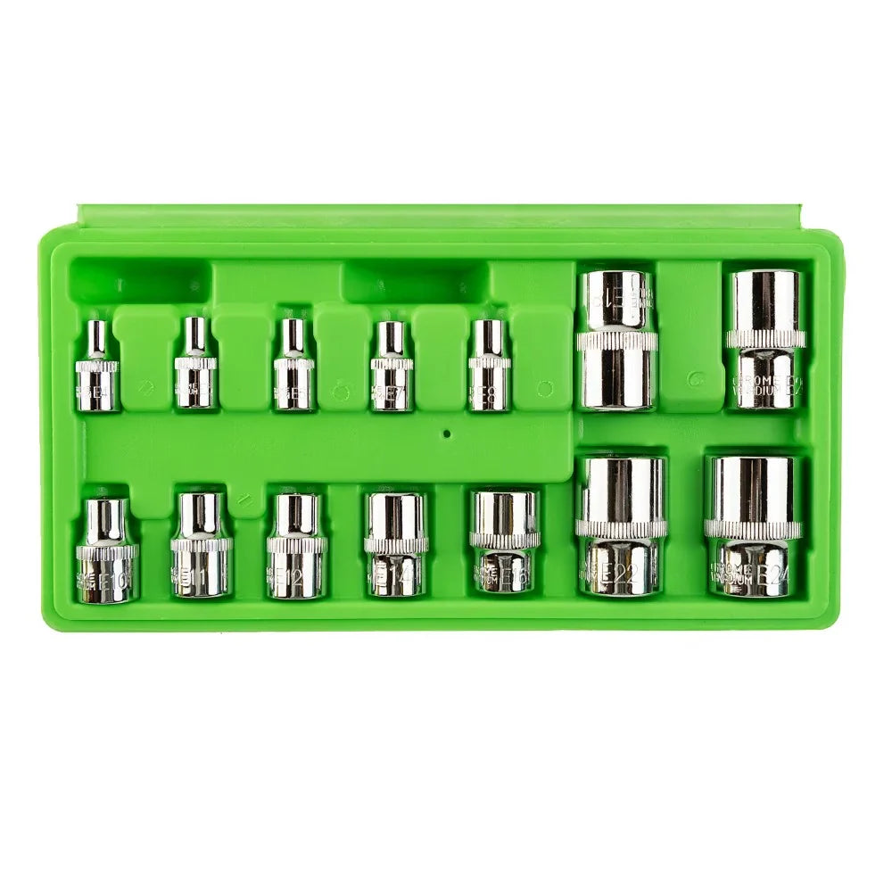14 VNT. E-ŽVAIGŽDĖS FORMOS GALVUČIŲ RINKINYS 1/4", 3/8", 1/2"  DS1312