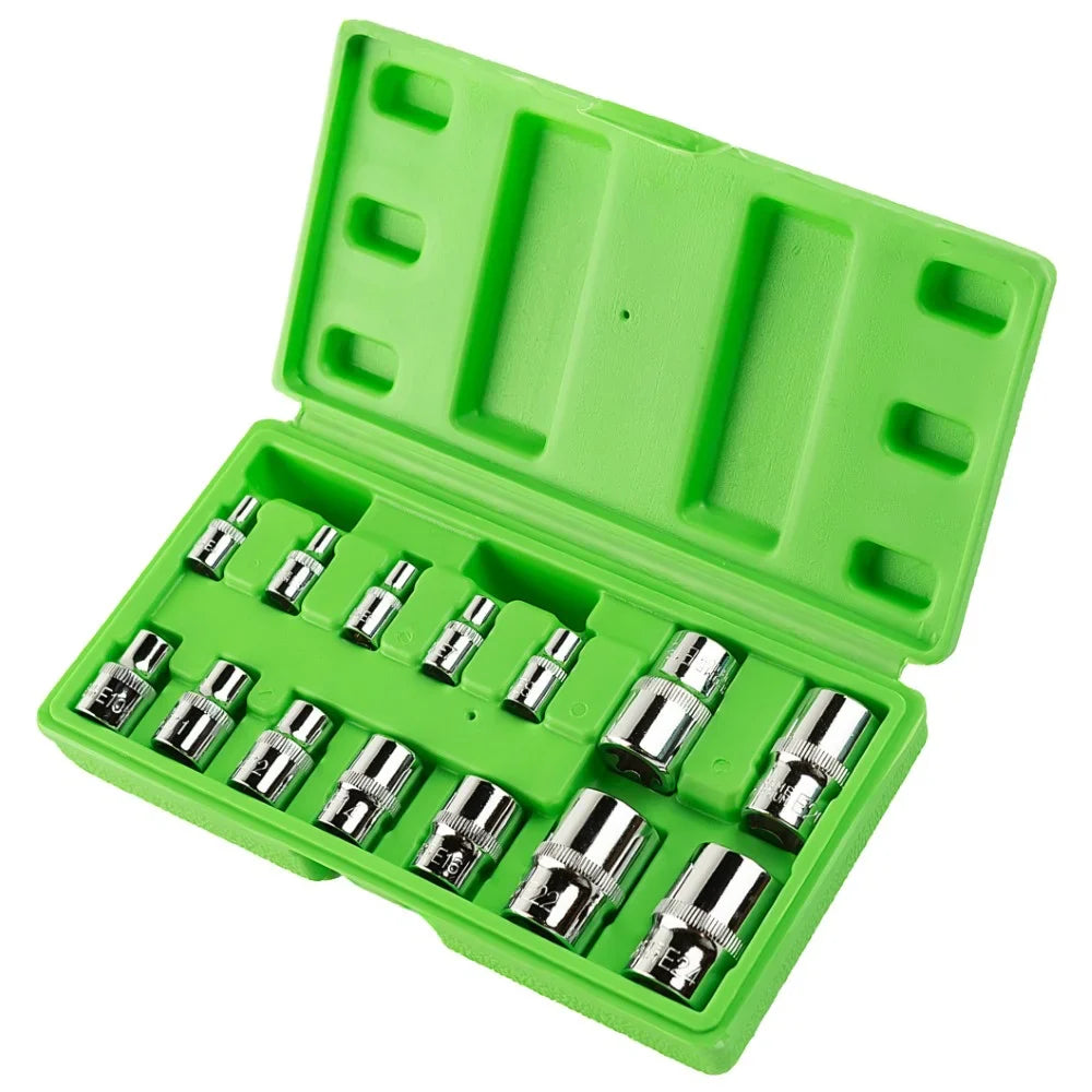 14 VNT. E-ŽVAIGŽDĖS FORMOS GALVUČIŲ RINKINYS 1/4", 3/8", 1/2"  DS1312