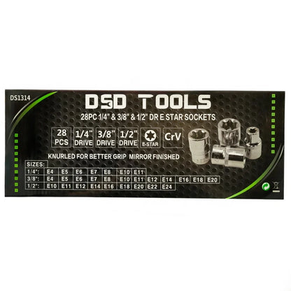 28 VNT. 1/4", 3/8" IR 1/2" JUNGTIES E STAR TORX GALVUTĖS DS1314