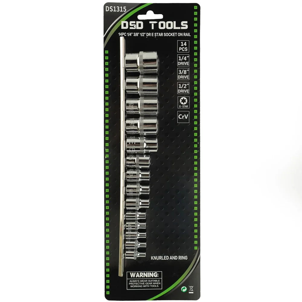 14 VNT. 1/4", 3/8", 1/2" JUNGTIES  E TORX GALVUČIŲ RINKINYS  DS1315