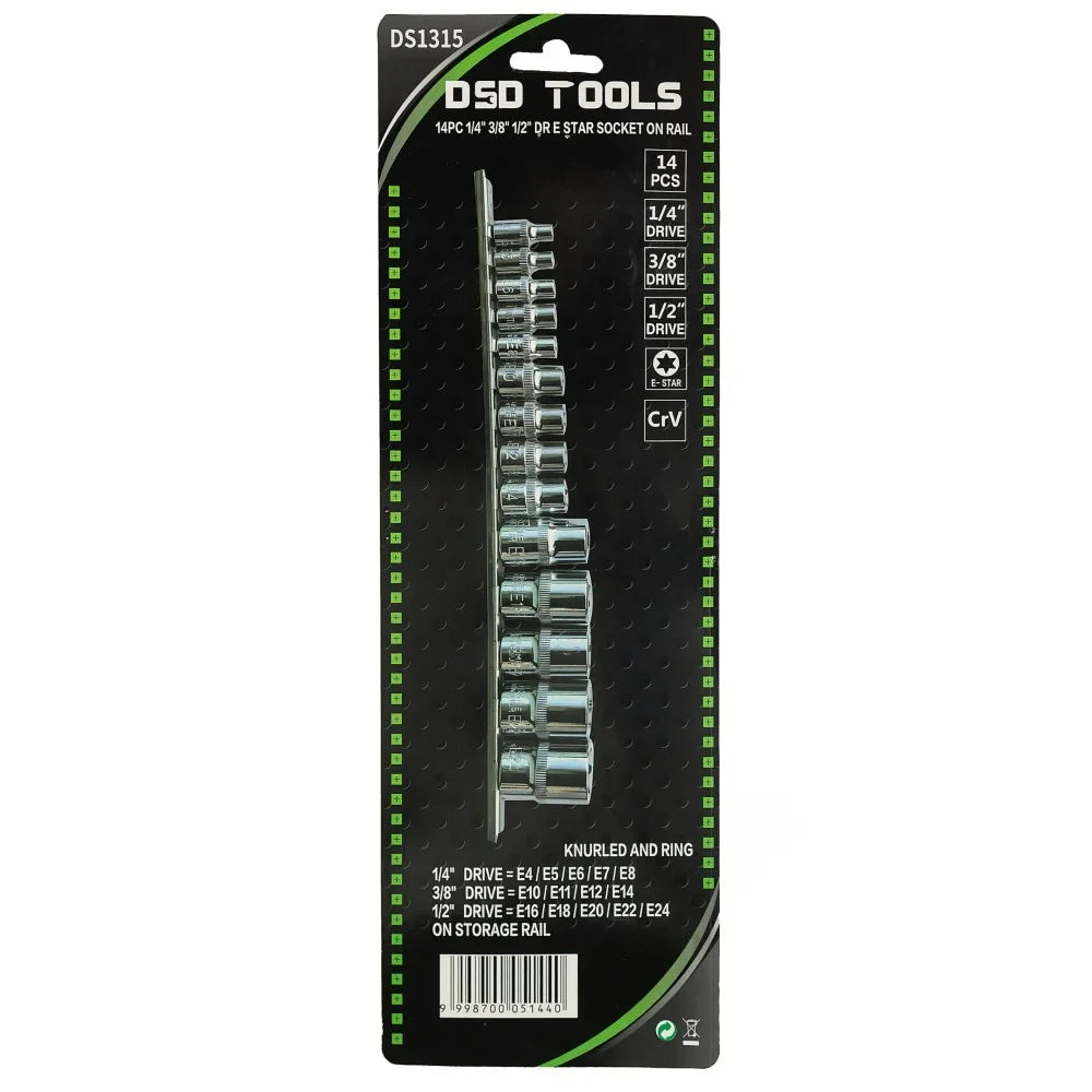 14 VNT. 1/4", 3/8", 1/2" JUNGTIES  E TORX GALVUČIŲ RINKINYS  DS1315