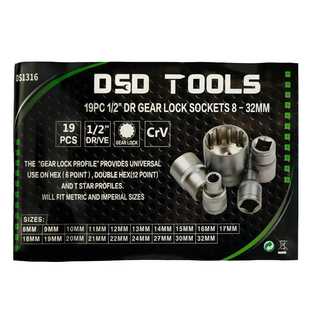 19 VNT. 1/2" JUNGTIES  „GEAR LOCK“ GALVUTĖS 8–32 MM DS1316
