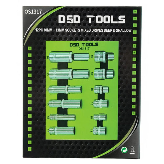 12 pc. 1/4", 3/8", 1/2" DRIVE 10mm AND 13mm SHORT AND DEEP SOCKETS DS1317
