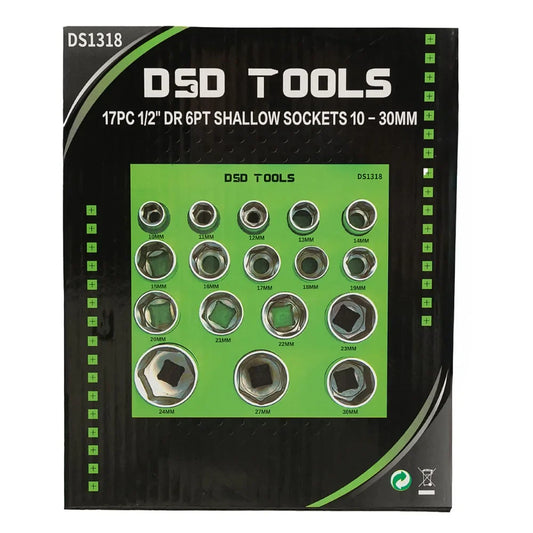 17 PC. 1/2" DRIVE 6-POINT SHORT SOCKETS 10 - 30 mm DS1318
