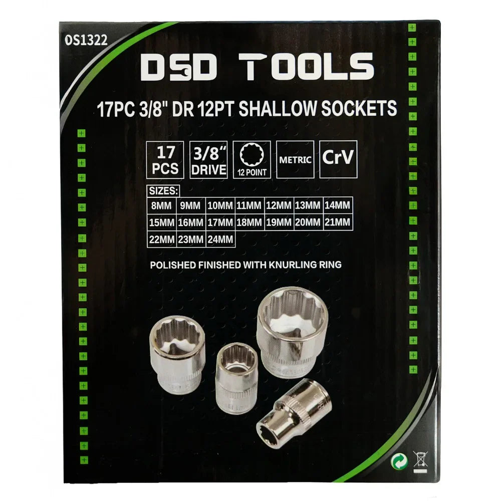 17 VNT.  3/8" JUNGTIES 12-KAMPĖS NEGILIOS GALVUTĖS 8–24MM DS1322