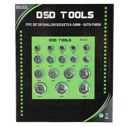17 PC. 3/8″ SHORT SOCKET SET (8–24 MM), SATIN FINISH DS1323