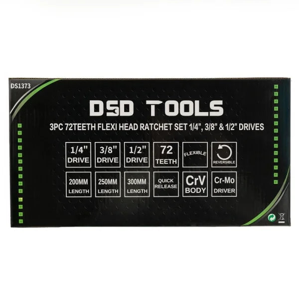 3 VNT. LANKSČIOS GALVOS TERKŠLIŲ KOMPLEKTAS 1/4", 3/8" IR 1/2" JUNGTIMS DS1373
