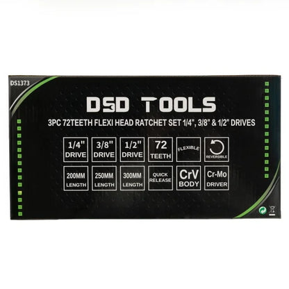 3 VNT. LANKSČIOS GALVOS TERKŠLIŲ KOMPLEKTAS 1/4", 3/8" IR 1/2" JUNGTIMS DS1373