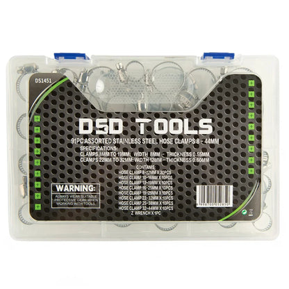 91 VNT. ĮVAIRIŲ NERŪDIJANČIO PLIENO ŽARNŲ SPASTUVŲ RINKINYS 8 – 44 mm DS1451