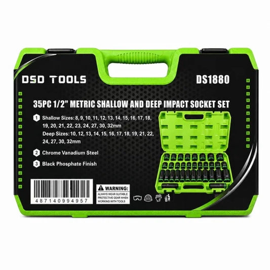 35 dalių 1/2″ pavaros 6 briaunų metrinių trumpų ir ilgų smūginių galvučių rinkinys DS1880